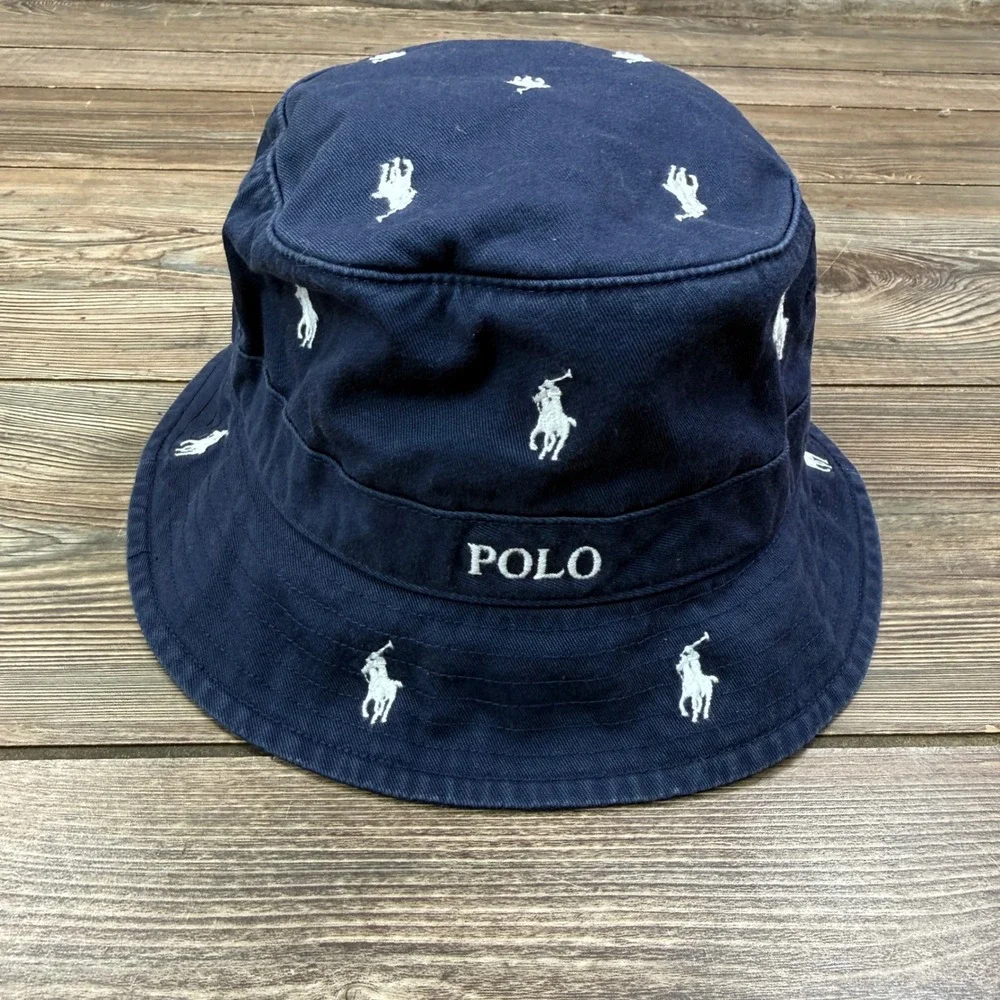 Polo Ralph Lauren Mens Size L/XL Bucket Hat Navy Blue AOP Embroidered Pony